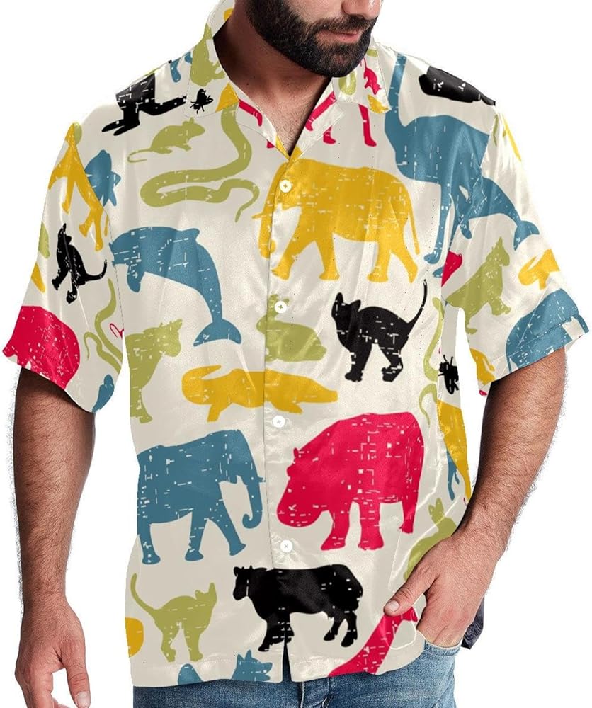 Zoo Animals Silhouette Men Casual Button Down Shirts Short Sleeve