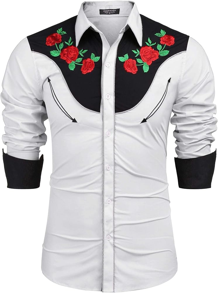 COOFANDY Men's Cowboy Shirts Embroidered Rose Design Shirt Western Long Sleeve Button Down Shirt