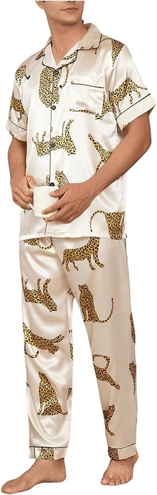 WDIRARA Men's 2 Piece Sleepwear Animal Print Short Sleeve Button Down Shirt and Pants Pajama Set