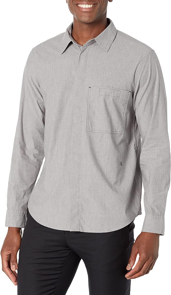 Calvin Klein Men's Solid Contrast Stitch Pocket Button-Down Easy Shirt