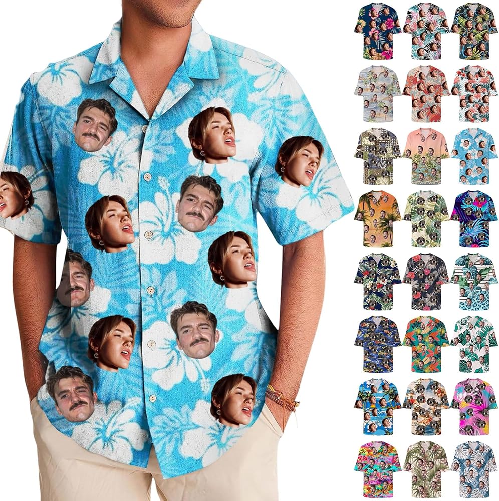 Custom Hawaiian Shirt for Men Short Sleeve Button Up Shirts Personalized Face Photo Aloha Beach Tropical Shirts Multicolor, Large