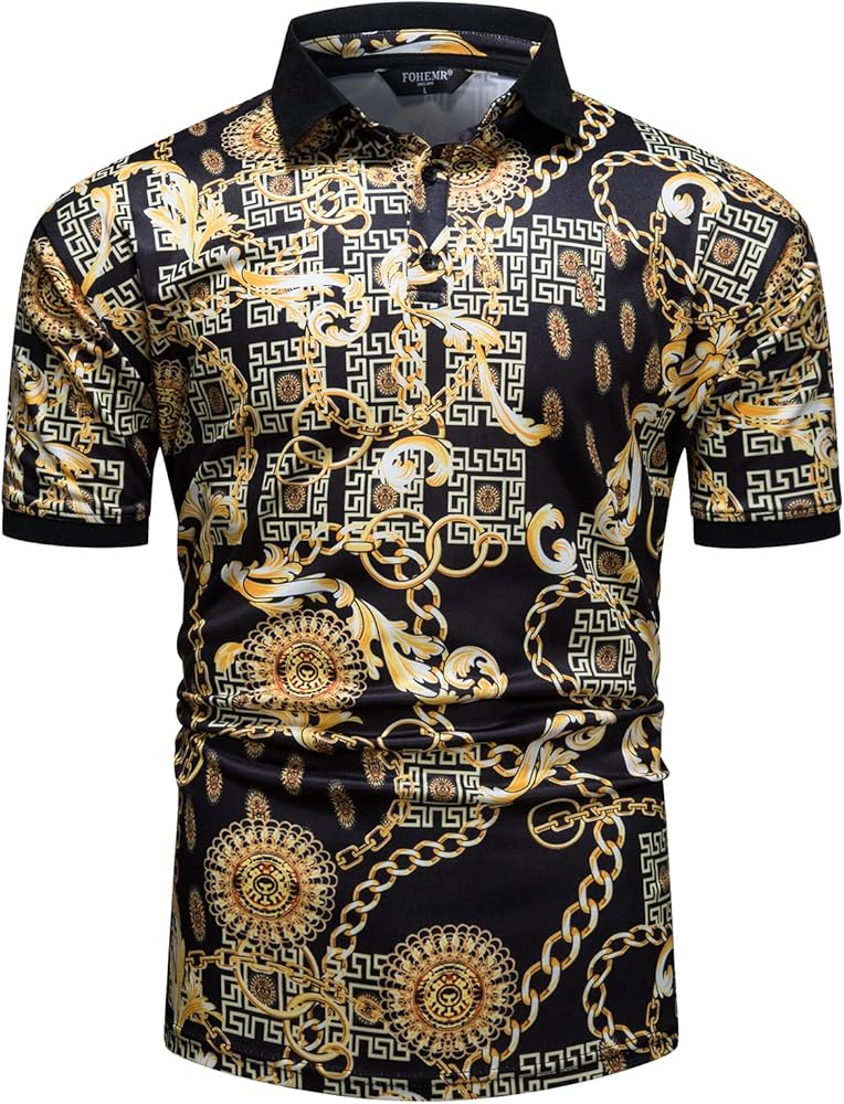 fohemr Mens Luxury Polo Shirts Black Gold Short Sleeve Baroque Chain Print Casual Wicking Golf Flower T-Shirt