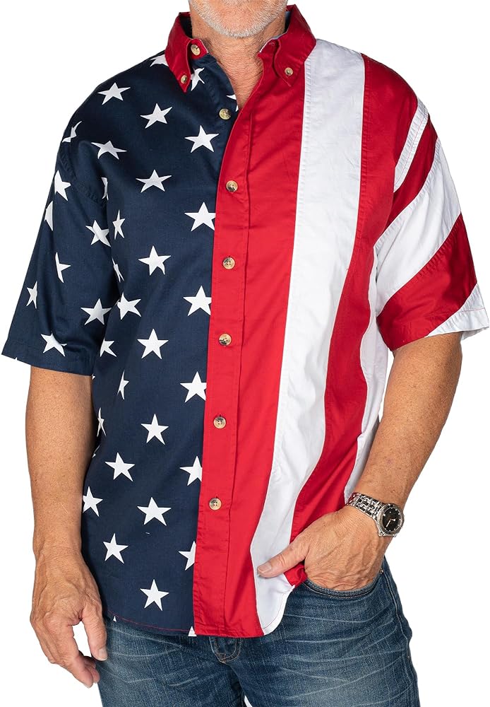 Flagshirt Men's Half Stars Half Stripes American Flag Shirt - Button-Up, Red, White & Blue