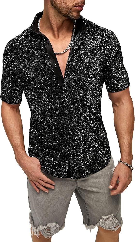 WDIRARA Men's Button Front Short Sleeve Collar Glitter Shirt Metallic Party Club Tops