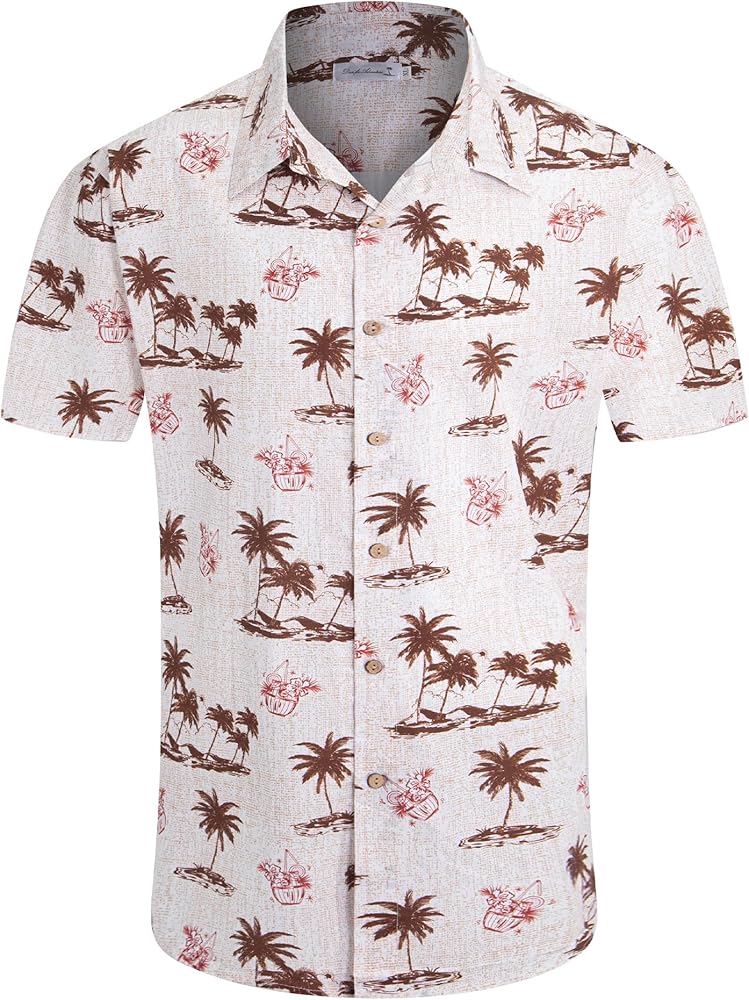 Men's Cotton Hawaiian Shirt - Vintage Beach Button Down, Short Sleeve Summer Floral Aloha Tropical Shirt for Men