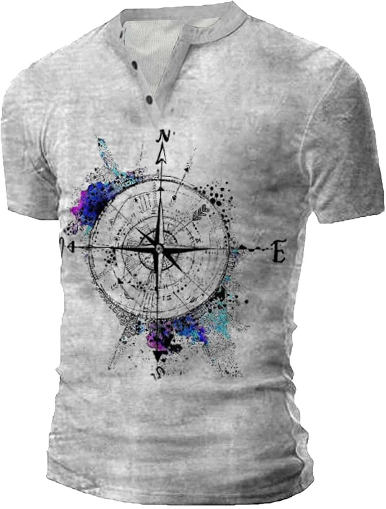 Men's T-Shirts Vintage Nautical Compass Graphic Shirts Short Sleeve V-Neck Button-Down Tee Shirt Lightweight Tops