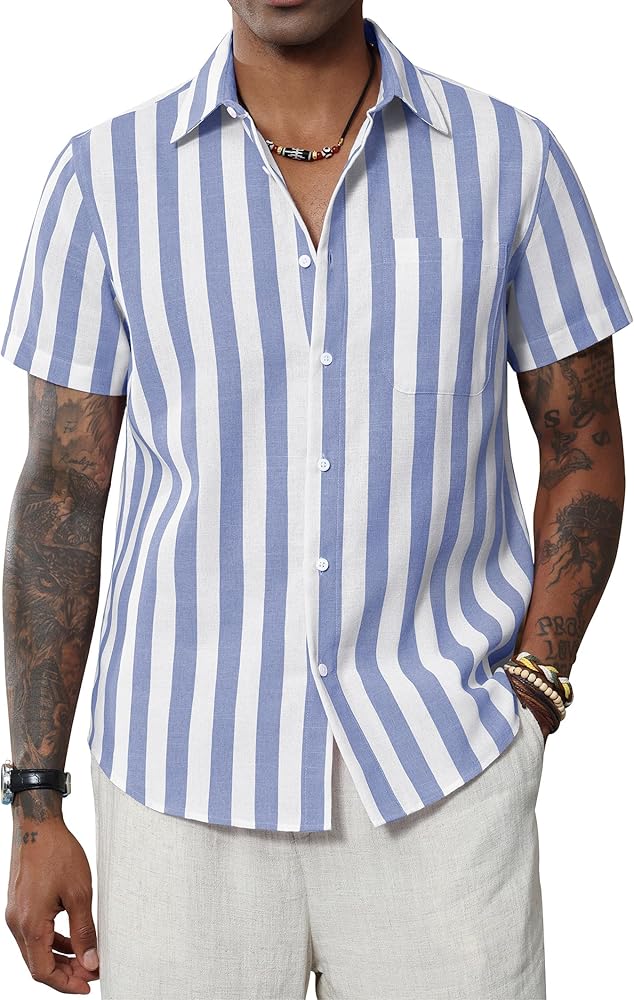 J.VER Men's Linen Shirts Short Sleeve Casual Striped Button Down Shirt for Summer Beach Yoga