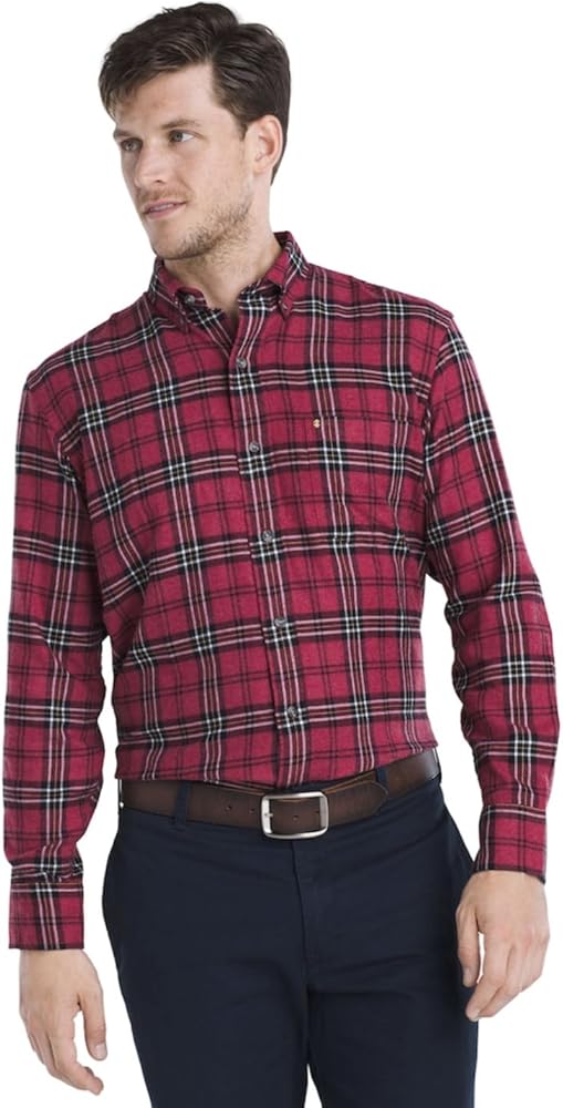 IZOD Men's Plaid Flannel Easy-Care Button-Down Shirt (Red Dahlia Heather, Medium)