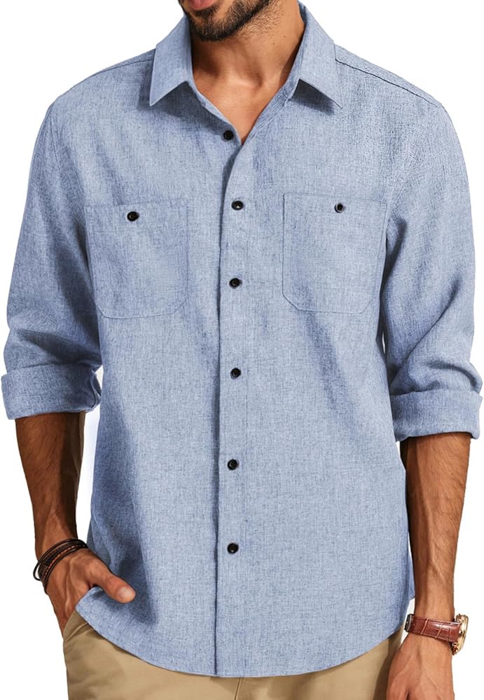 PJ PAUL JONES Men's Button up Shirt Casual Long Sleeve Shirt Wrinkle Free Beach Shirt with Pockets