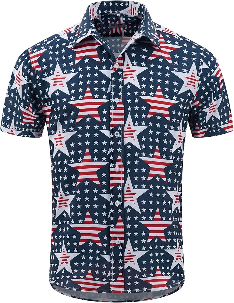 Mens American Flag Shirt - Patriotic Shirts for Men Short Sleeve Button Down Hawaiian Shirts