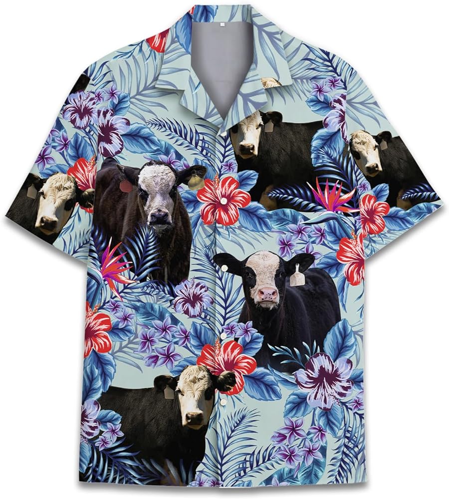 Tropical Cow Hawaiian Shirts for Men Women, Flower Cow Farm Button Down Short Sleeve Mens Hawaiian Shirt