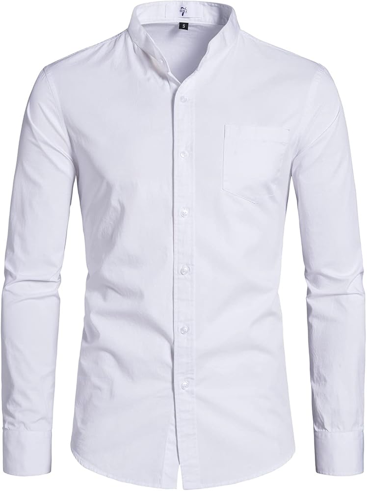 SIR7 Men's Banded Collar Long Sleeve Solid Color Casual Button Down Shirts with Pocket