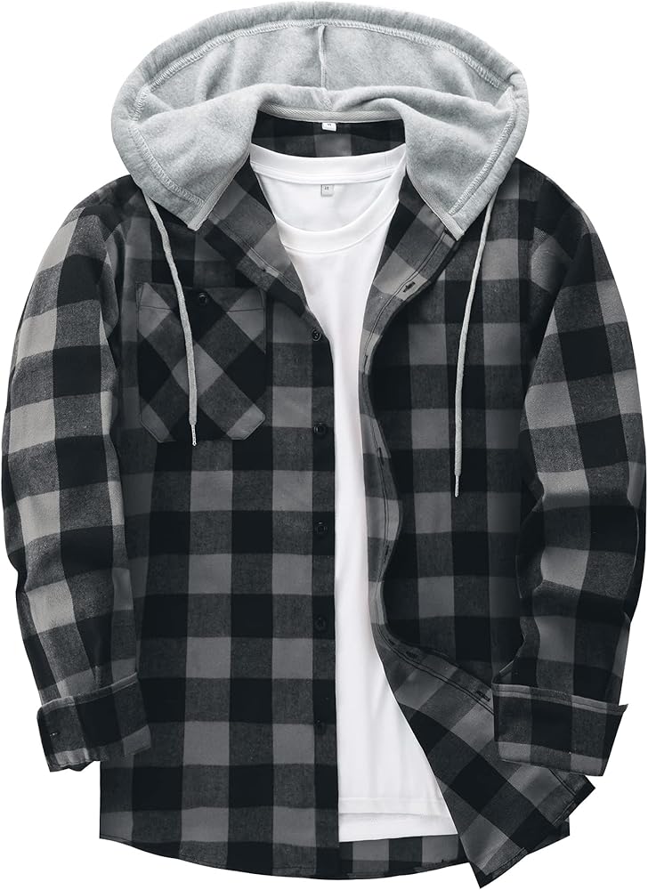 SCODI Mens Flannel Hoodie Shirt Casual Button Down Plaid Jacket Shirts Stylish Long Sleeve Shirts with Pocket