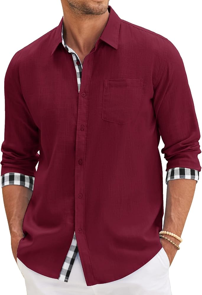 COOFANDY Men's Casual Linen Dress Shirt Plaid Collar Long Sleeve Button Down Shirt