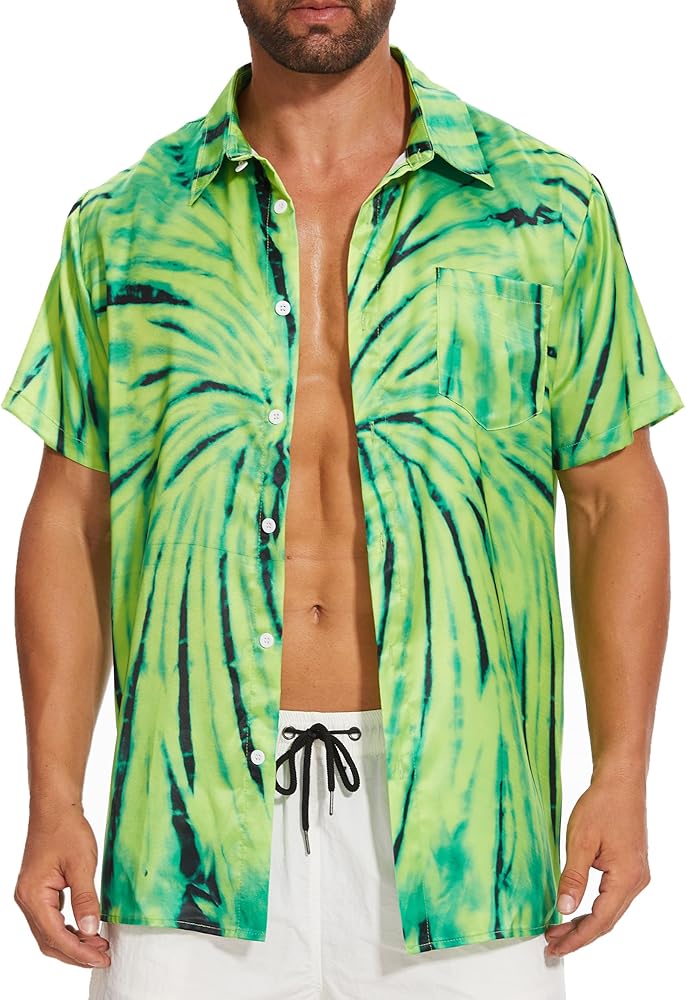 Tie Dye Shirt Men Hippie Neon Tropical Hawaiian Shirts Short Sleeve Button Down