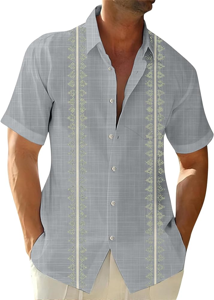 Hawaiian Shirt for Men Stretch V Neck Aloha Shirts Button Down Short Sleeve Blouse Tropical Blouses with Pocket