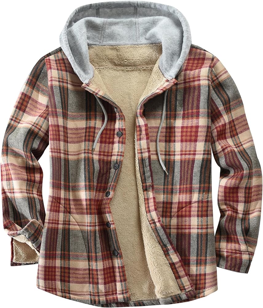 Derbars Men's Cotton Plaid Shirts Jacket Fleece Lined Flannel Shirts Sherpa Button Down Jackets with Hood for Men