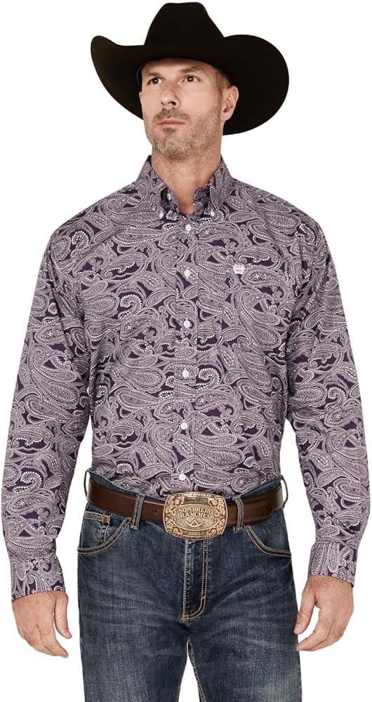 Cinch Men's Paisley Print Long Sleeve Button-Down Western Shirt Purple Large