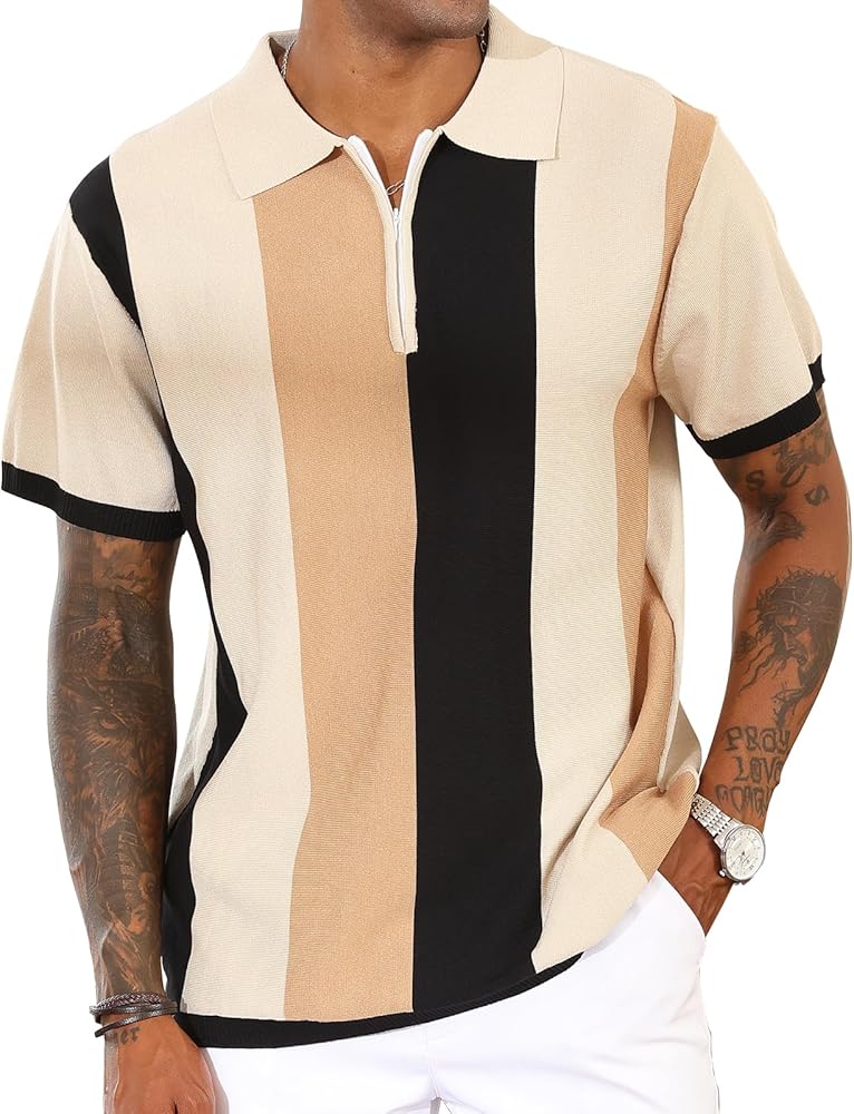 Men's Fashion Polo Shirts Vintage Striped Knitting Shirts Casual Slim Fit Golf Shirts