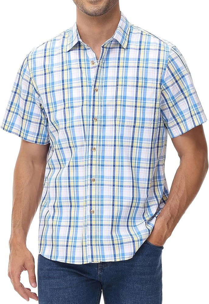 MCEDAR Slim Fit Plaid Button Down Shirts for Men Casual Short Sleeve Checked Shirt with Pocket