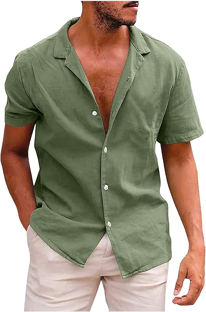 2024 Mens Casual Cotton Linen Shirts Short Sleeve Hawaiian Beach Tshirt Men Summer Plus Size Button Tops with Pocket