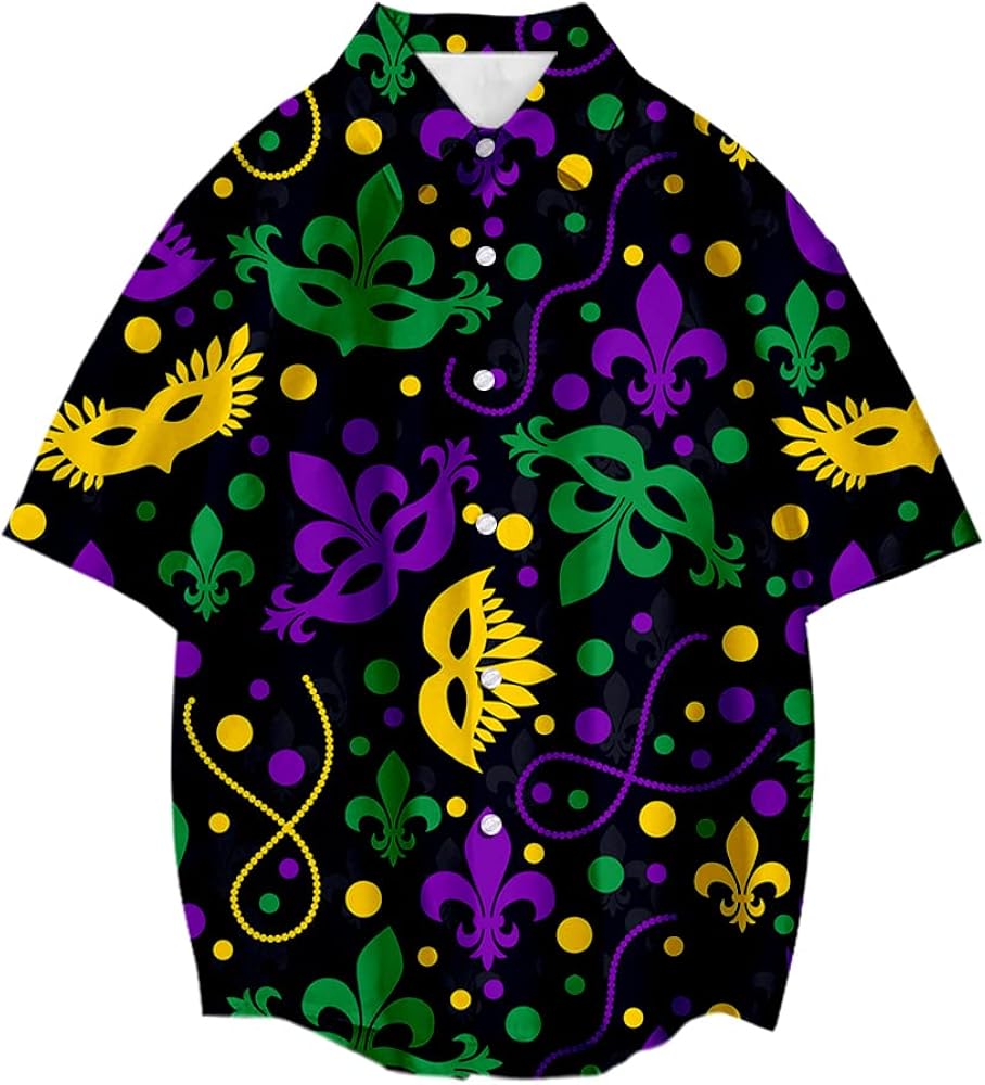 yolsun Mardi Gras Shirt for Men Beads Casual Button Down Short Sleeve Shirt Hawaiian