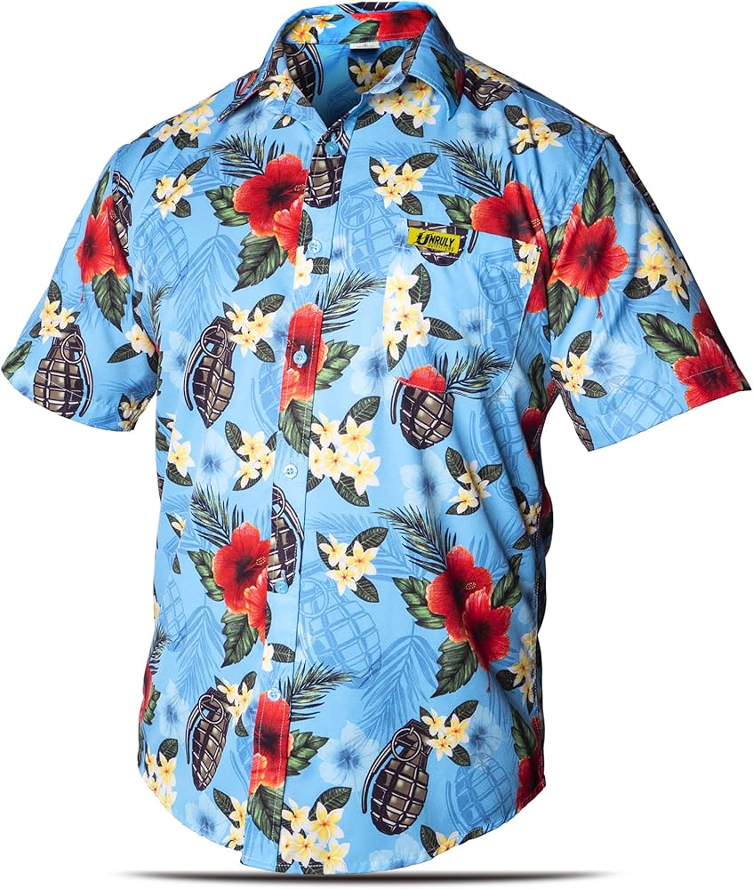 Hawaiian Shirt for Men Blue Grenades Button Down Shirts Men Novelty Funny Flower Weapons Shirts with Guns