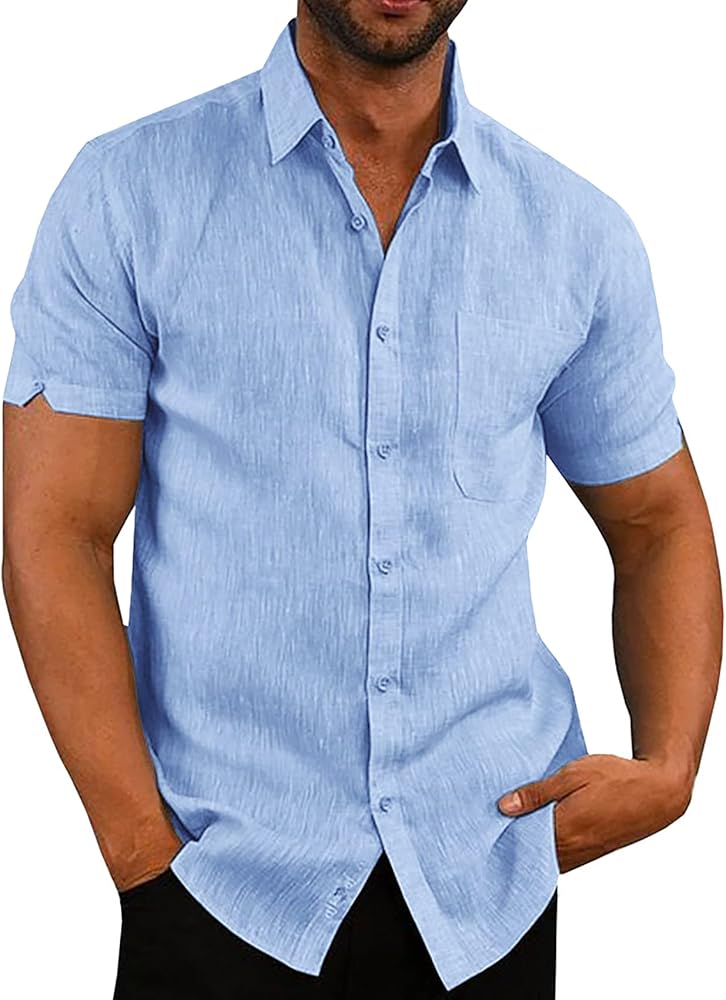 Mens Button Down Shirts Casual Short Sleeve Linen Tops Cotton Lightweight Fishing Tees Spread Collar Plain Shirt