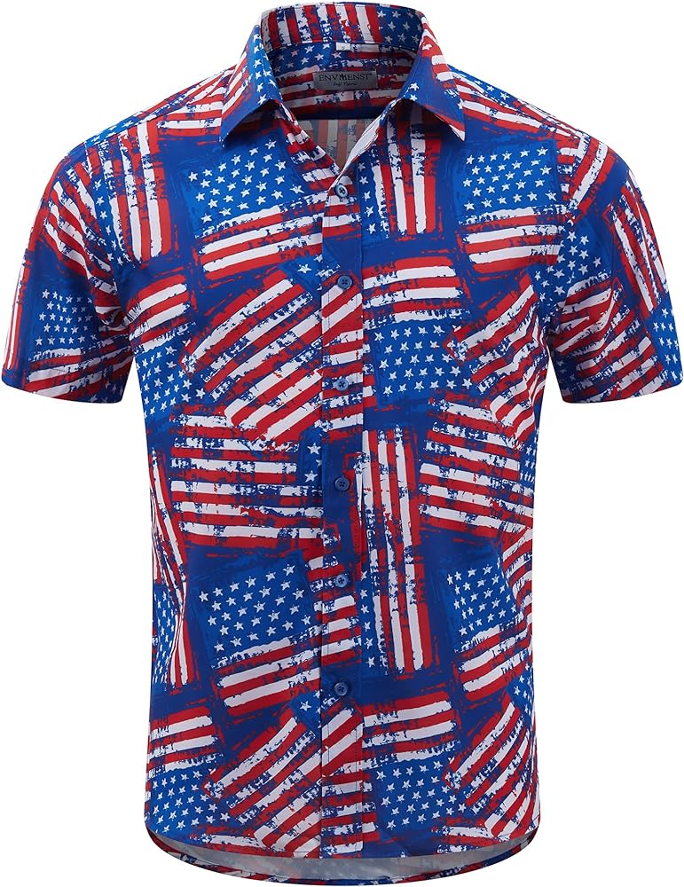 ENVMENST Men's American Flag Button Down Shirts Casual Short Sleeve Patriotic Hawaiian Shirt