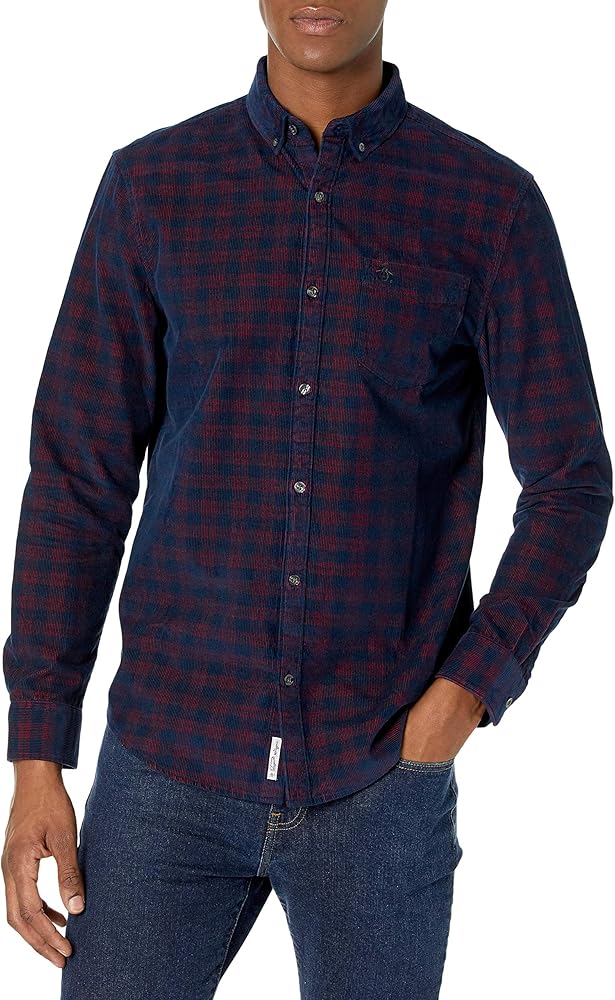 Original Penguin Men's Plaid Corduroy Long Sleeve Button-Down Shirt