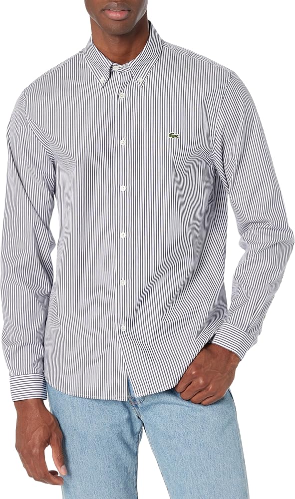 Lacoste Men's Regular Fit Long Sleeve Button Down Stripe Shirt, White/Navy Blue, M/L