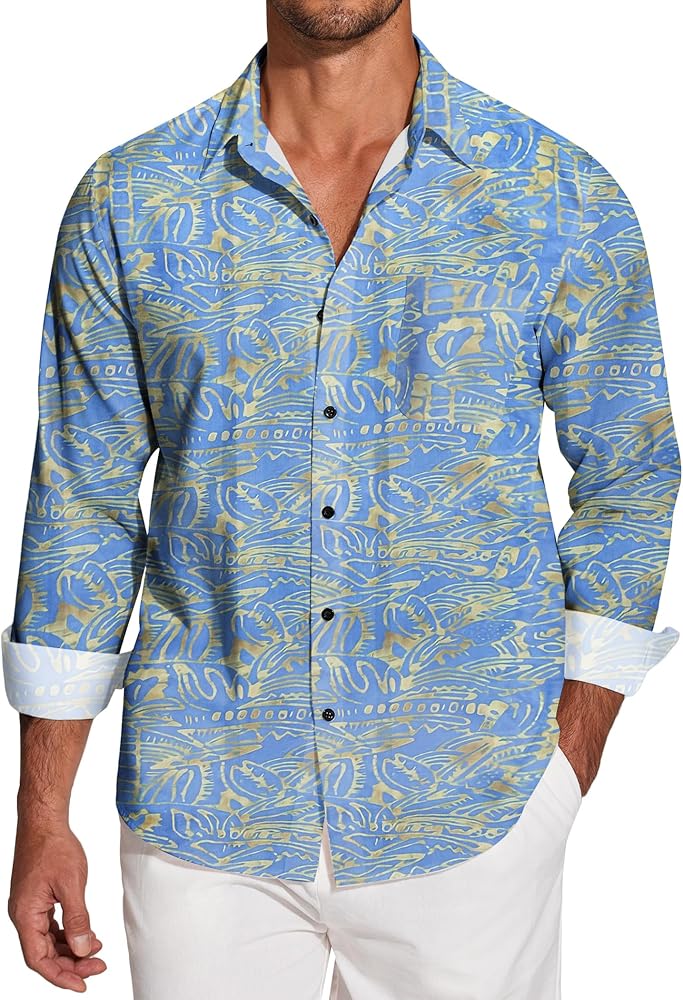 COOFANDY Men's Hawaiian Tropical Shirt Long Sleeve Button Down Floral Dress Shirts Casual Beach Shirts with Pocket