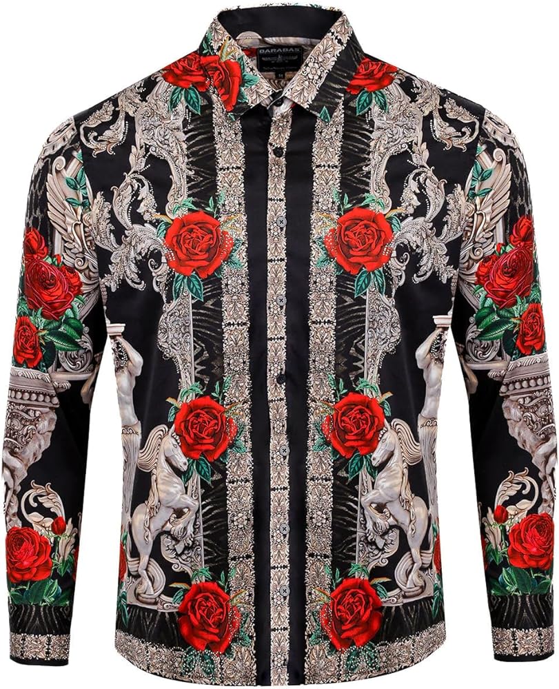 Barabas Men's Rhinestone Floral Unicorn Long Sleeve Shirts 3SPR418