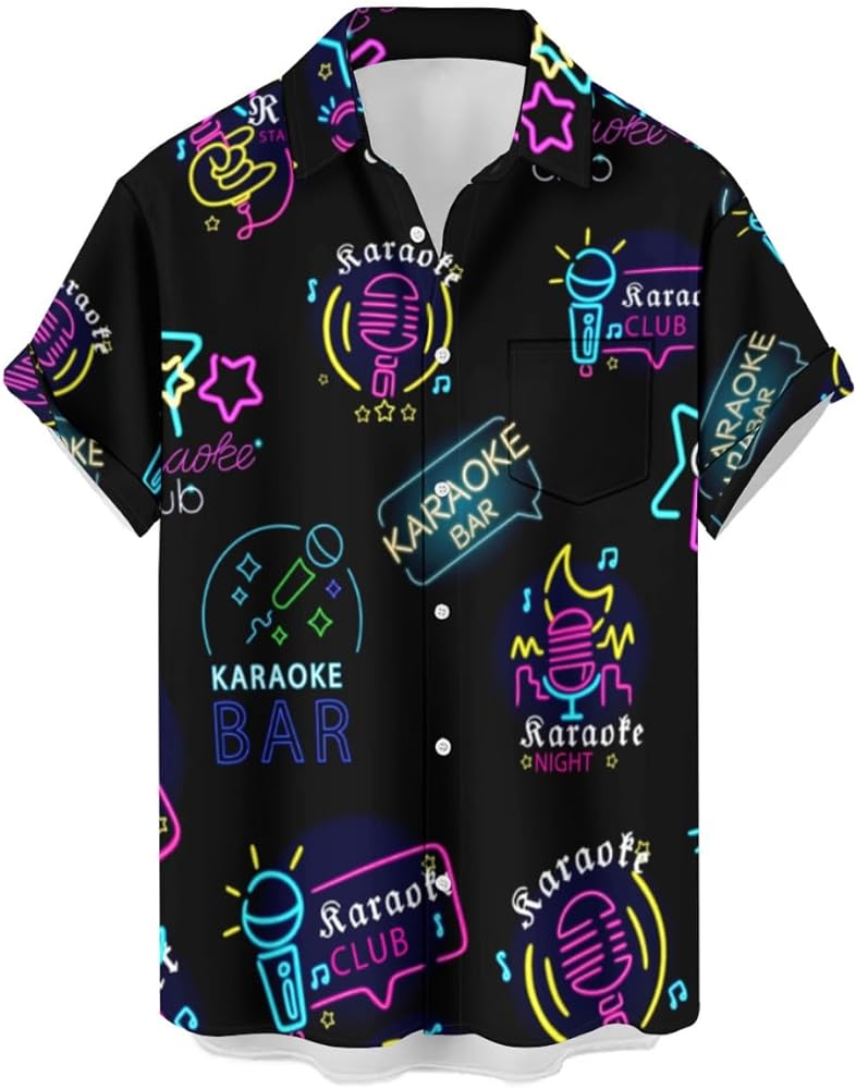 Casual Holiday Hawaiian Shirt for Men Black Veon Lamp Karaoke Bar Microphone Singing Short Sleeve Button Up Top L