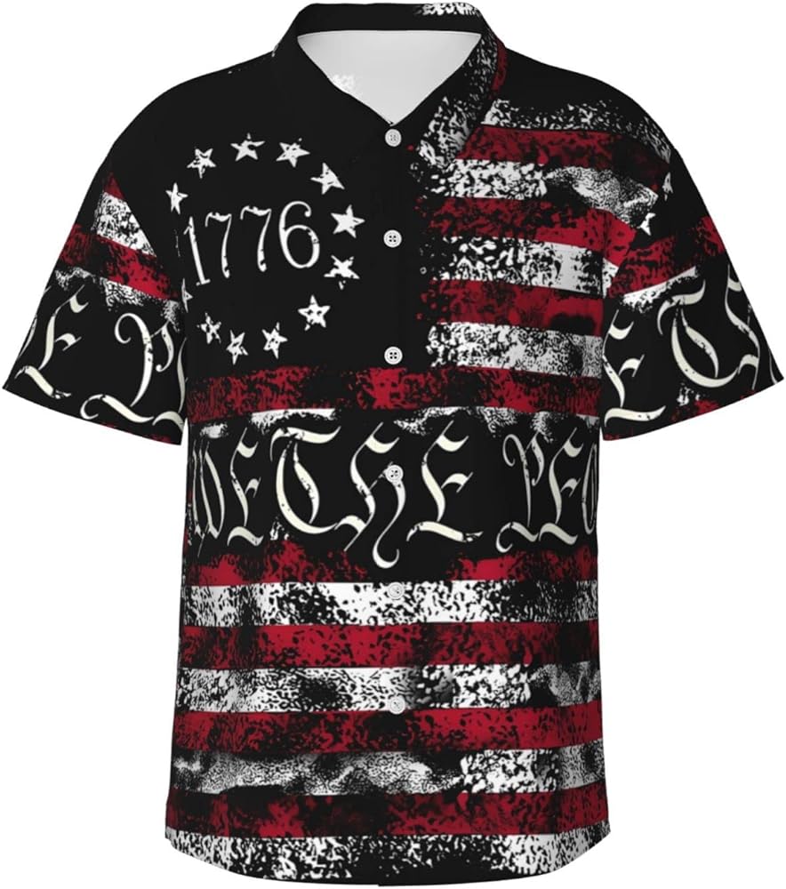 Hawaiian Shirt for Men American Flag Short Sleeve Button Down Shirts Summer Beach Shirts Black