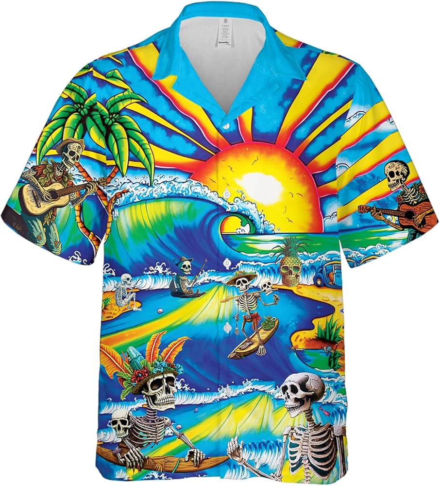 Skeleton Pirate Hawaiian Shirts for Men - Tropical Skull Mens Hawaiian Button Down Short Sleeve Shirts Set 33