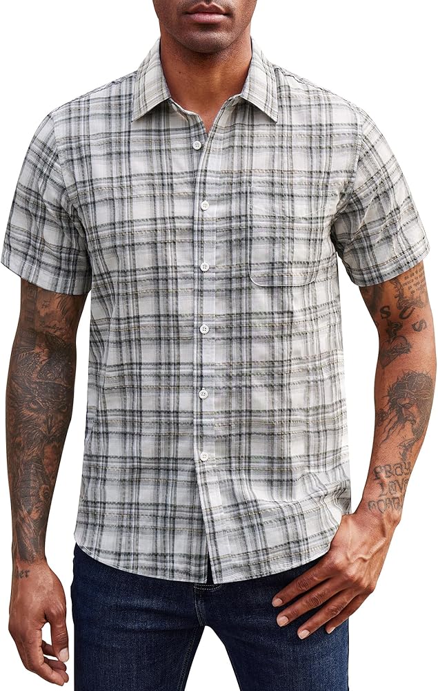 Men's Short Sleeve Linen Shirt Casual Plaid Button Down Shirts Seersucker Shirts