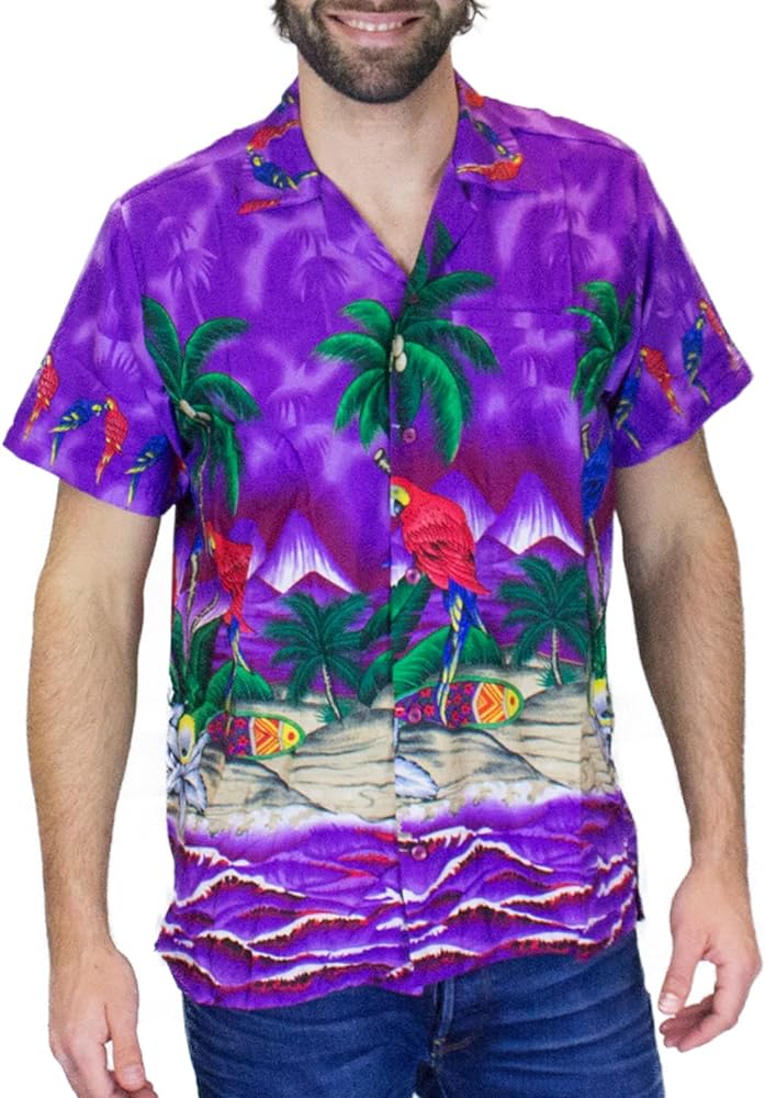 Funky Hawaiian Shirt Men Shortsleeve Frontpocket Hawaiian-Print Parrot Flowers