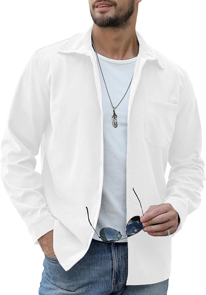 URRU Men's Corduroy Button Down Shirt Waffle Casual Long Sleeve Shacket Jackets with Pocket