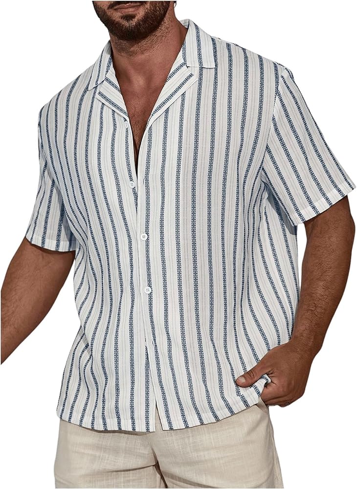 Verdusa Men's Stripe Print Button Down Shirt Short Sleeve Collar Shirt Tops