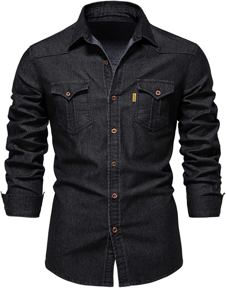 Men's Casual Denim Shirt Slim Fit Long Sleeve Button Down Shirt Distressed Washed Denim with Chest Pockets