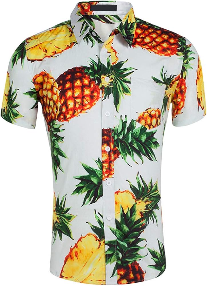 Men's Short Sleeve Standard-Fit 100% Cotton Button Down Casual Pineapple Hawaiian Shirt