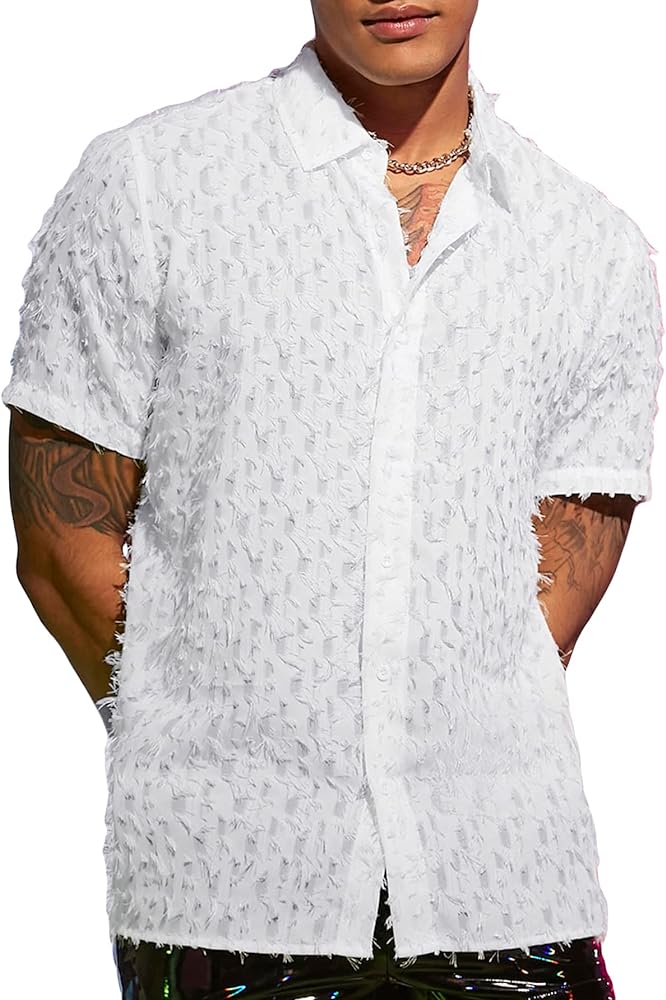 WDIRARA Men's Button Down Short Sleeve Fuzzy Trim Dressy Summer Shirt Plain Top