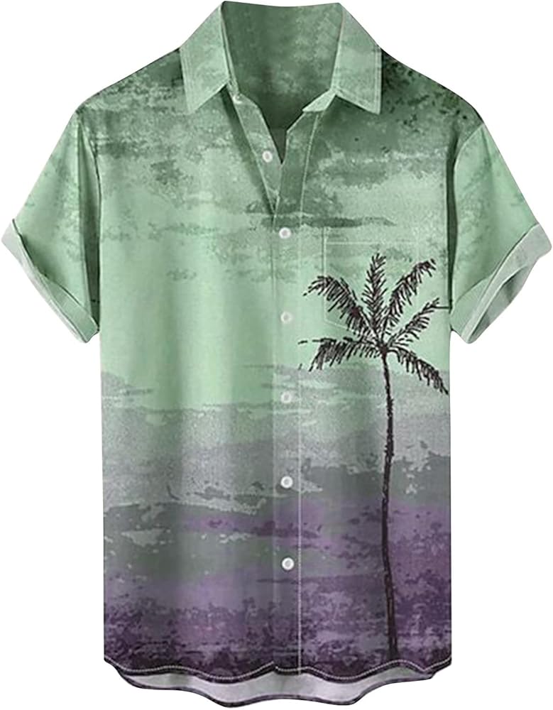 Men's Casual Button-Down Shirts Hawaiian Print Short Sleeve Lapel Pocket Shirts Button Down Short Shirt, M-5XL