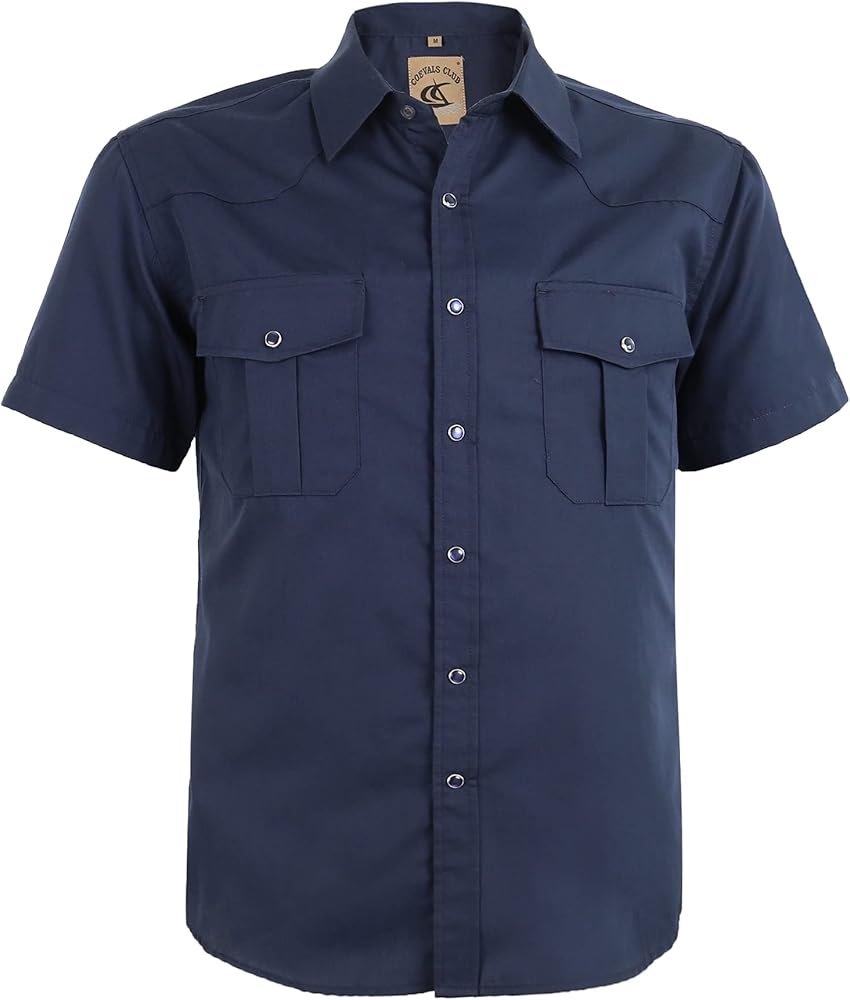 Mens Western Cowboy Pearl Snap Short Sleeve Casual Two Pockets Work Solid Derss Button Up Wrinkle Free Shirts