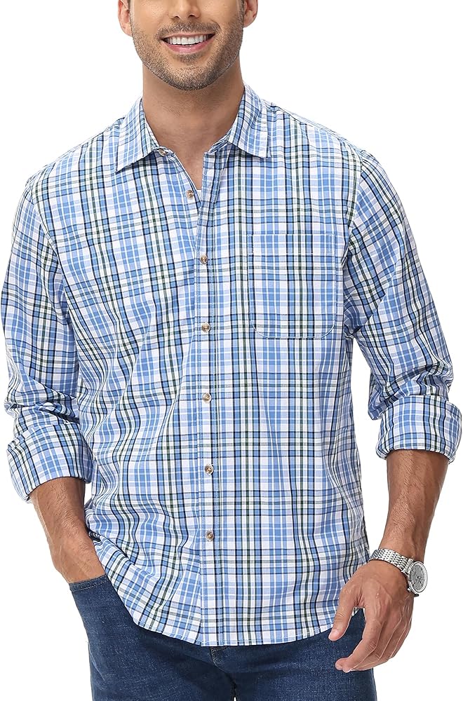 MCEDAR Regular Fit Casual Plaid Shirt for Men Cotton Long Sleeve Button Down Checked Shirts with Pocket