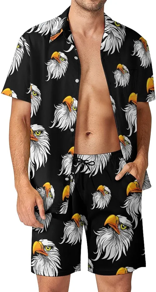 American Bald Eagle Men's Hawaiian Shirt Suits Button Down Beach Shirts And Short Suits Vacation Outfits