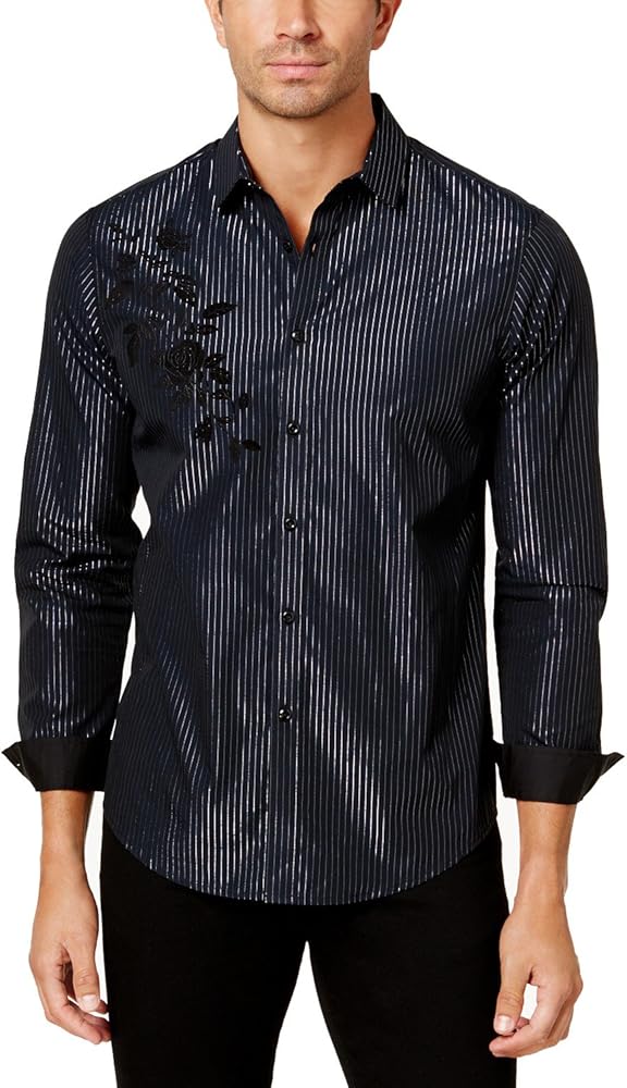 INC International Concepts Men's Metallic Stripe Velvet Flocked Button Down Shirt (Medium, Navy Combo)