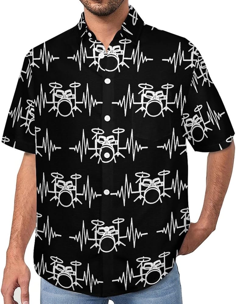 Drums Heartbeat Men's Lapel Shirt Casual Button Down Tees Short-Sleeve Blouse Tops