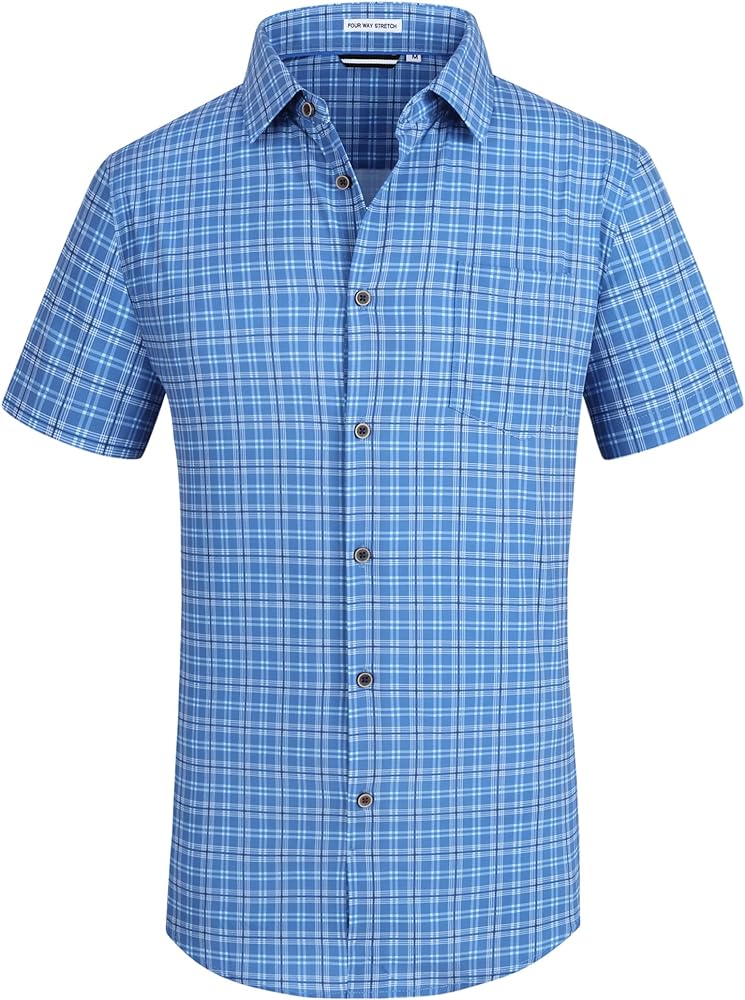 Mens Casual Button Down Shirts Wrinkle Free 4-Way Stretch Dress Shirs Short Sleeve Plaid Summer Shirts for Men